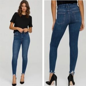 Good American Good Waist Dark Blue Skinny High Rise Crop Jeans Raw Hem